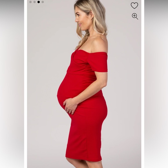 Red Solid Off Shoulder Maternity Fitted Dress - Picture 8 of 10